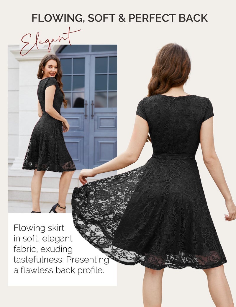MUADRESS Women Cap-Sleeve Lace Floral Elegant Cocktail Dress Crew Neck Knee Length Bridesmaid Prom Dresses for Party Black S - Image 3